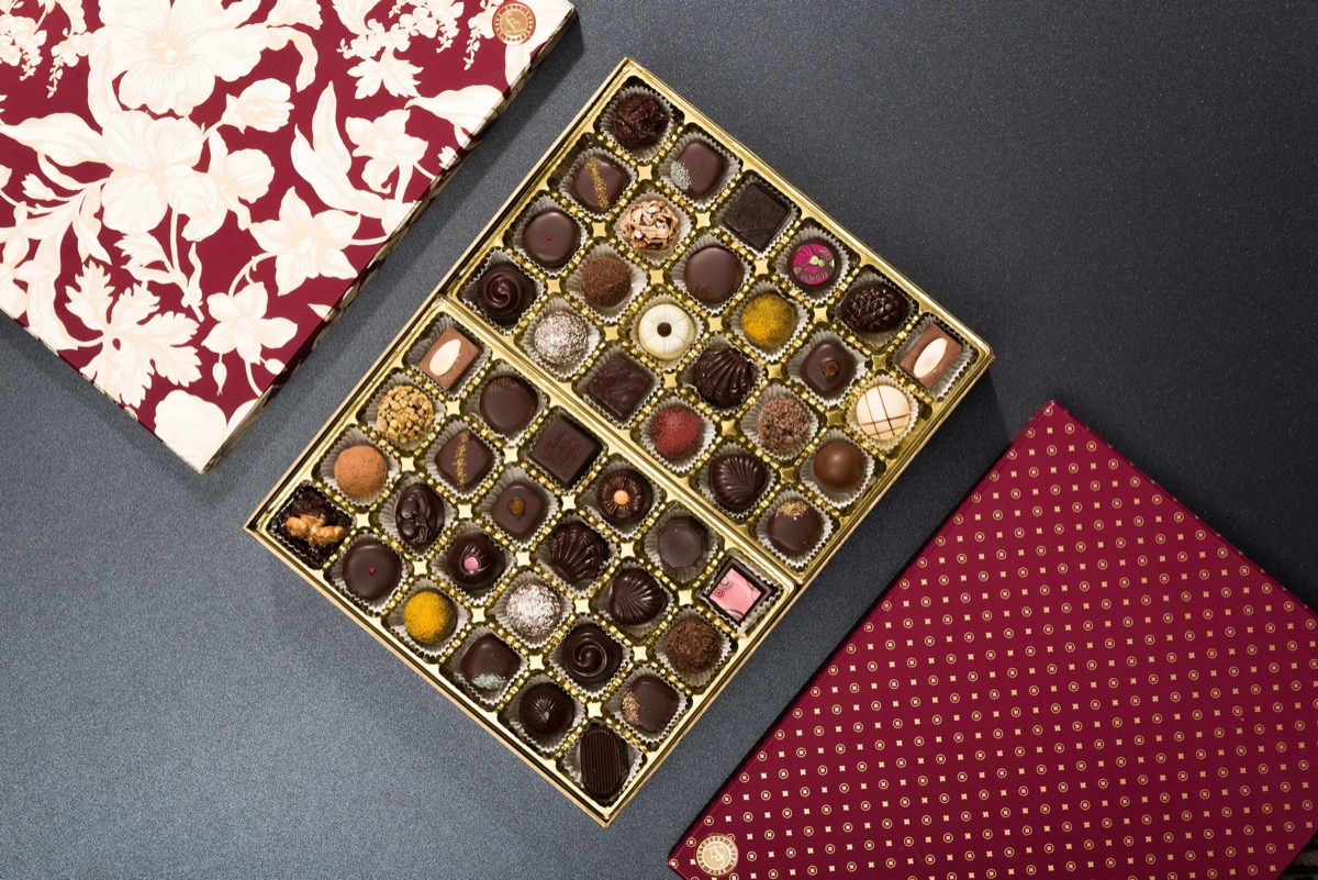 Luisa Brun Chocolates open gift box of assorted artisan bonbons